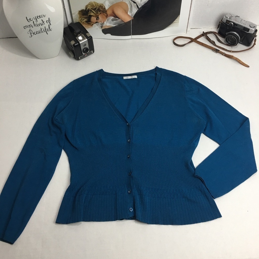 Casual Corner Silk Blend Cardigan Lightweight Teal knit Career Core Quiet Luxury